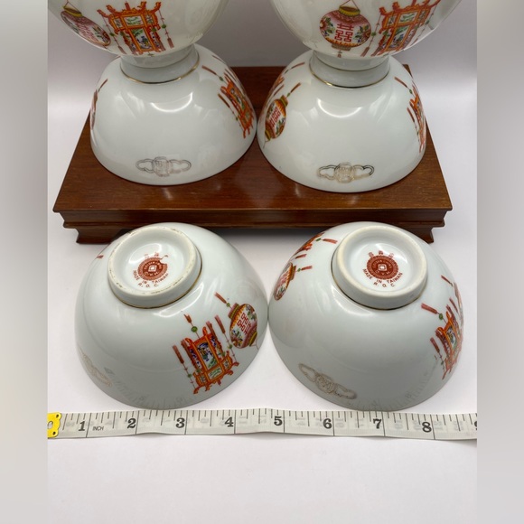 6 hand painted rice bowls. Made in Taiwan ROC red lantern w/ gold trim. - Picture 4 of 6